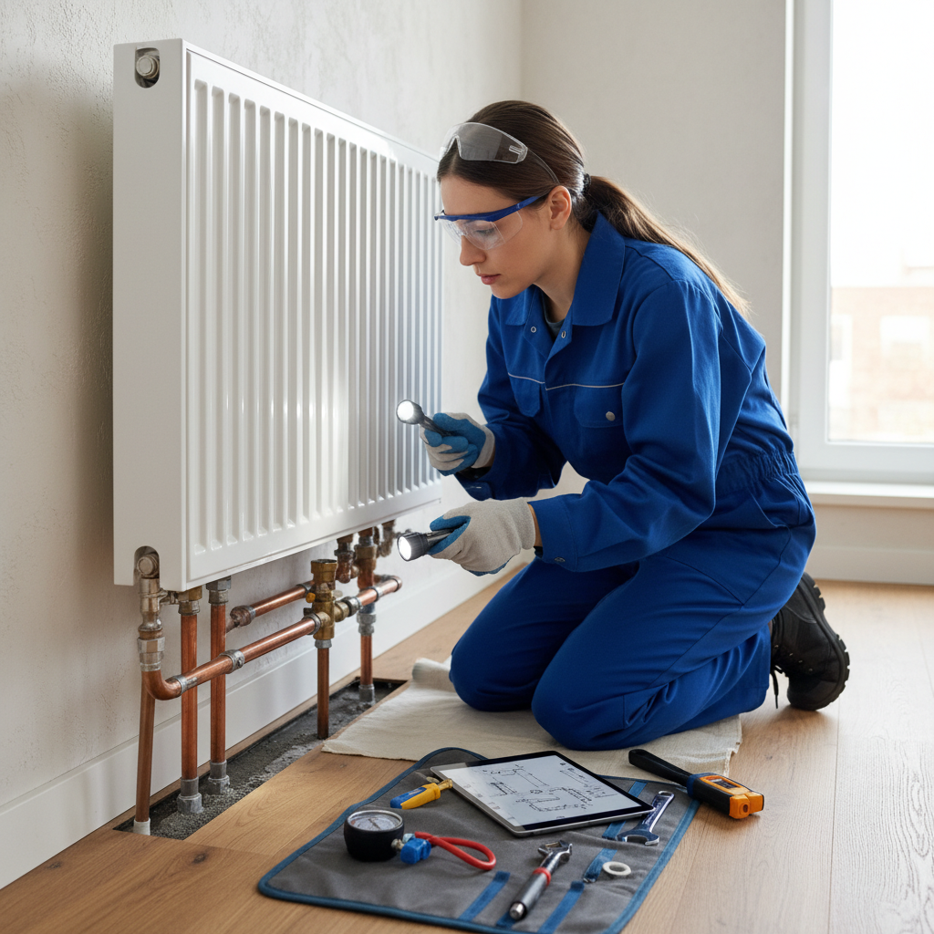 Engineer checking radiator pipes for leaks