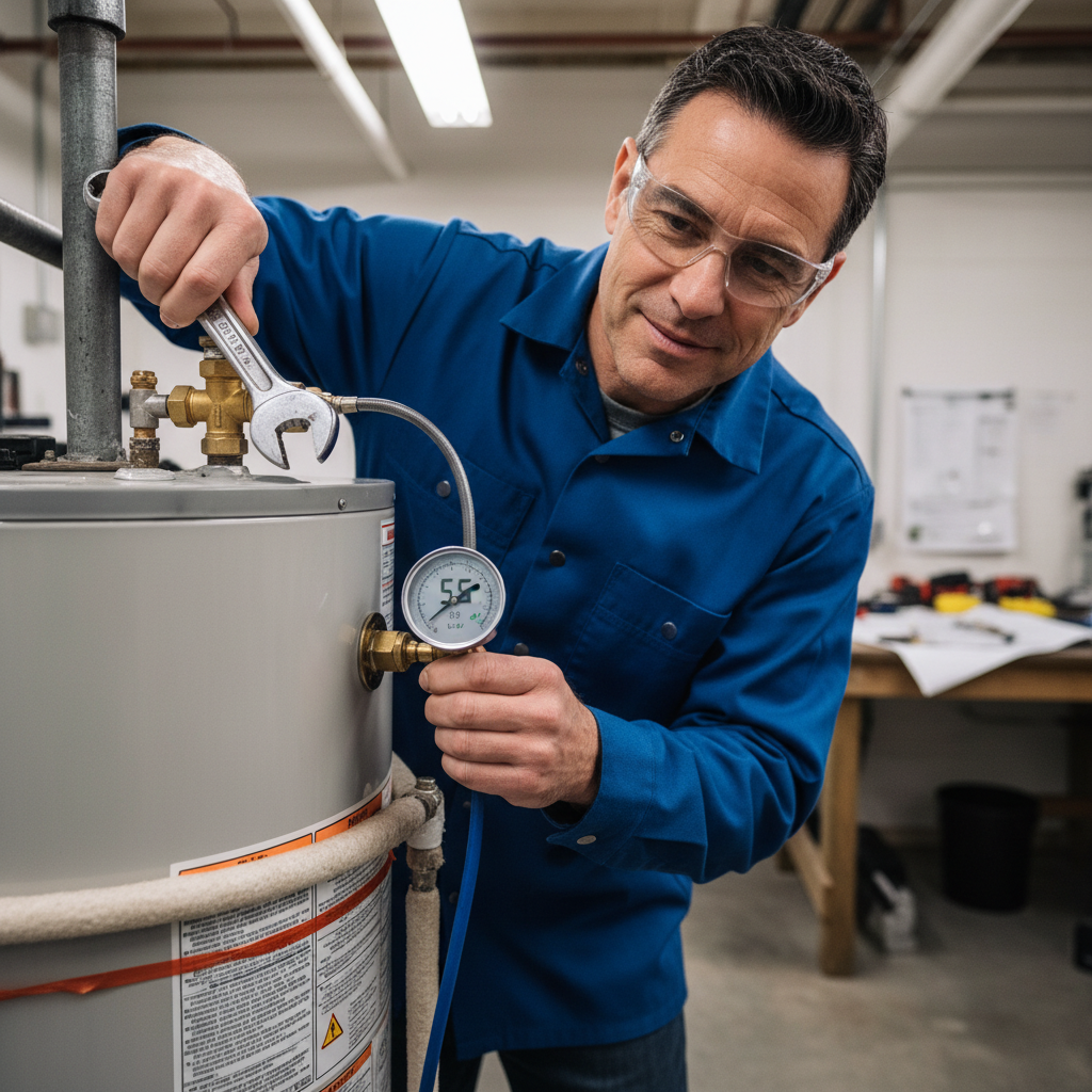 Engineer checking water heater pressure