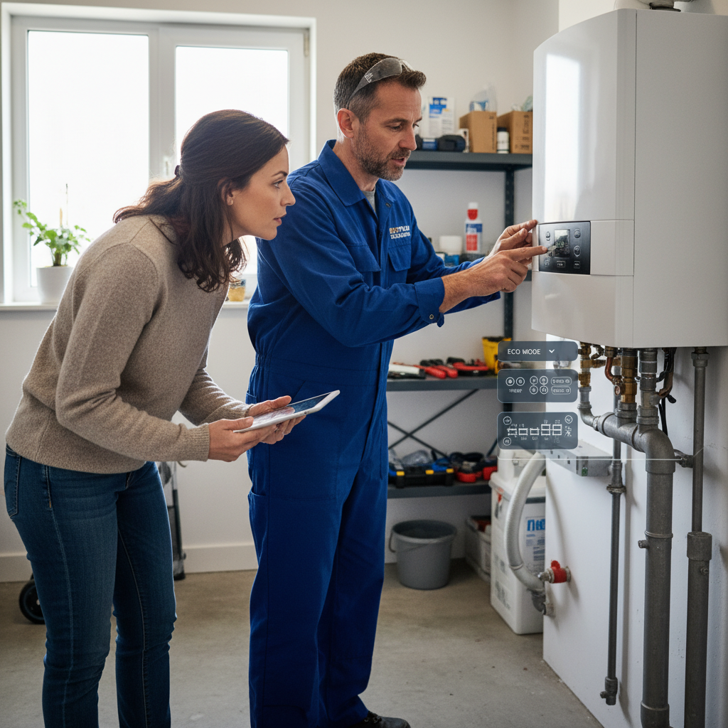 Engineer explaining new boiler controls to a homeowner after installation
