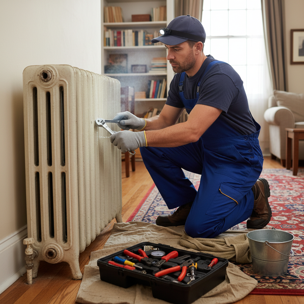 Engineer fixing a noisy gurgling radiator