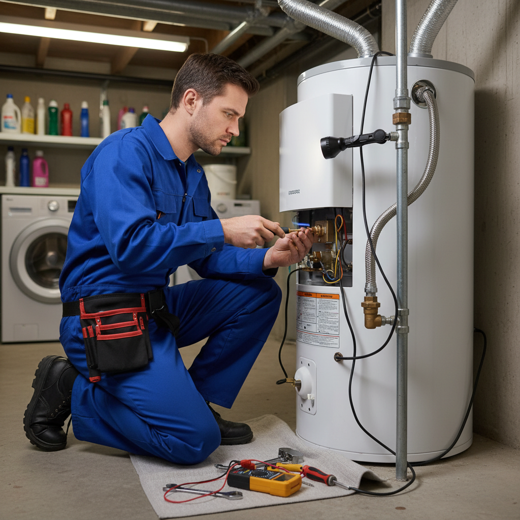 Engineer repairing gas water heater ignition