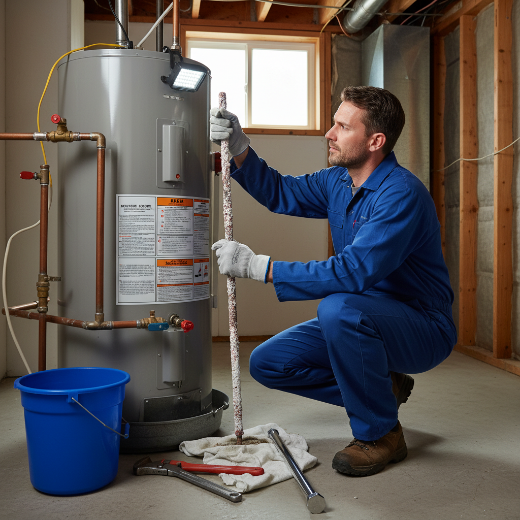Engineer replacing anode rod in storage water heater