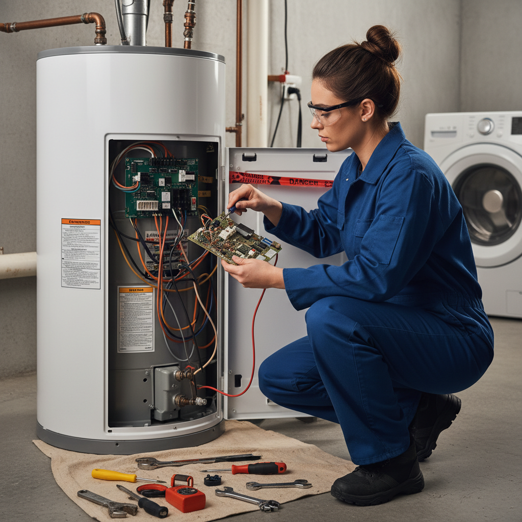 Engineer replacing water heater control board