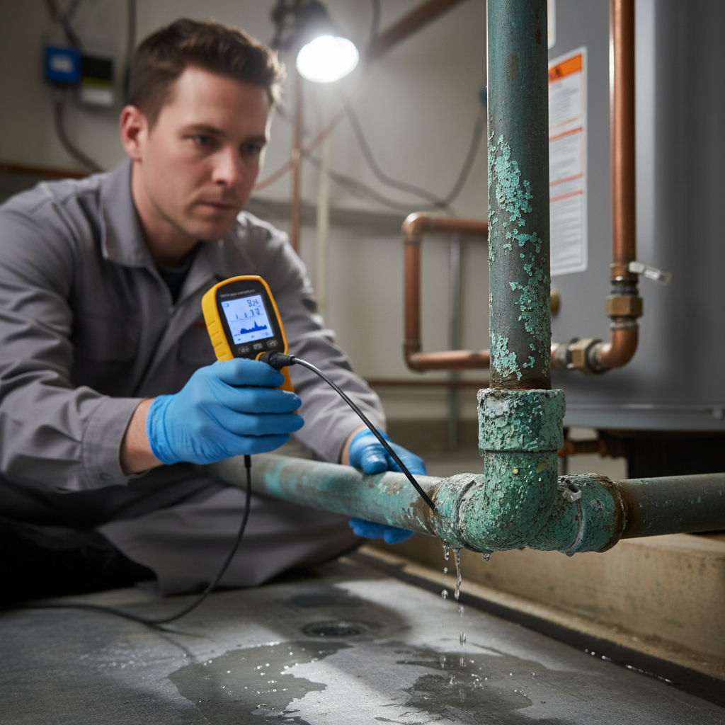 Corroded copper pipe joint with a leak