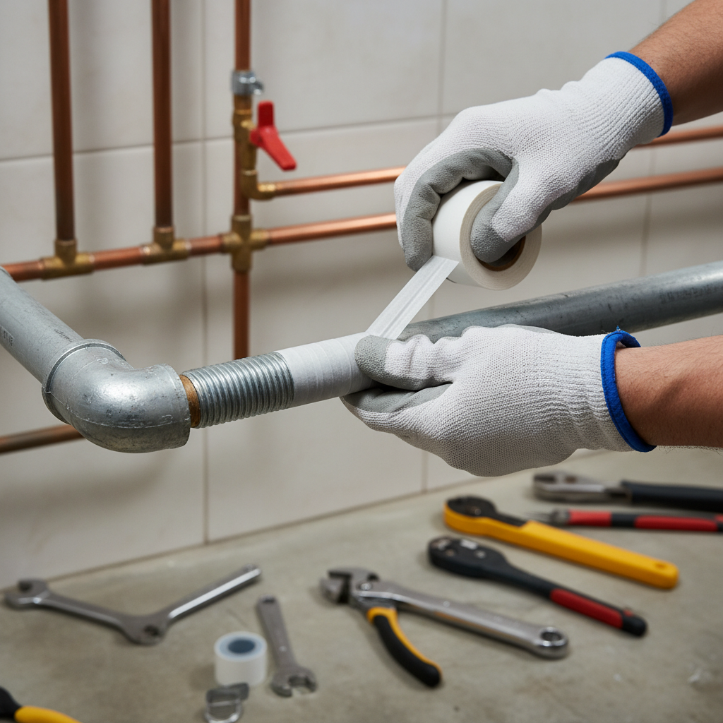 Plumber applying PTFE tape to pipe threads
