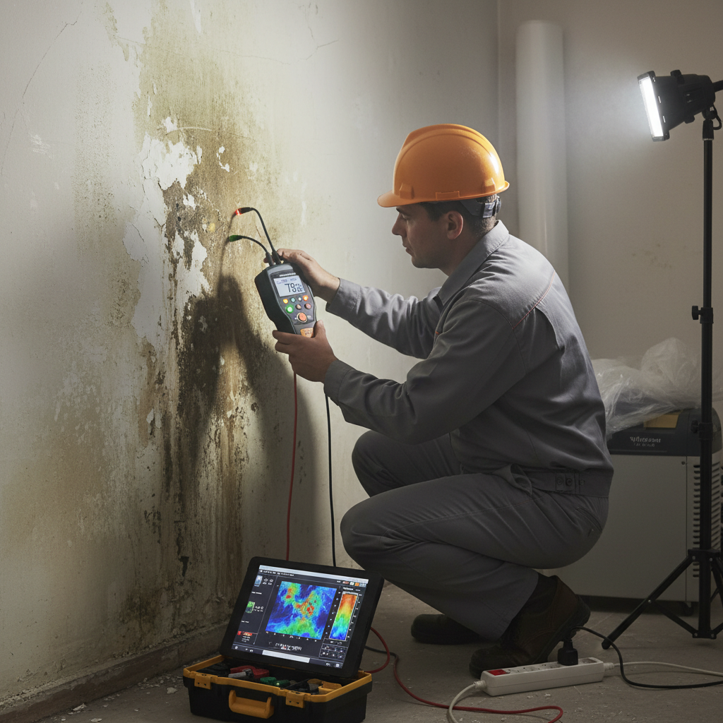 Engineer testing a damp wall for a hidden leak