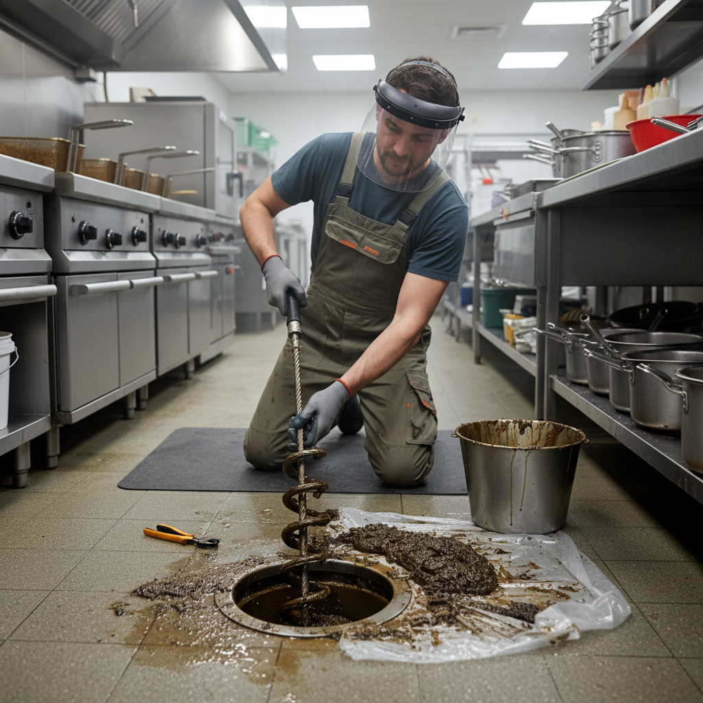 Technician clearing a grease clogged kitchen drain