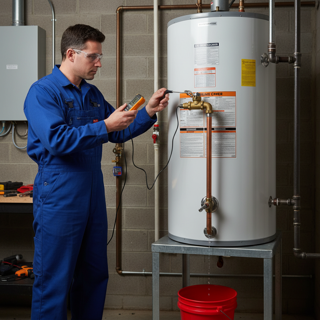 Technician inspecting water heater relief valve on cylinder