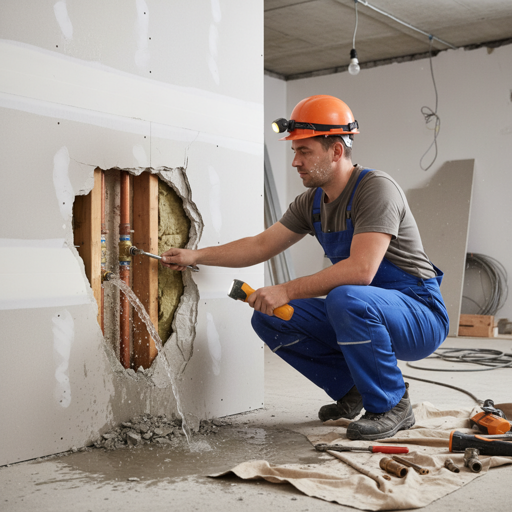 Technician repairing a leaking pipe behind plasterboard