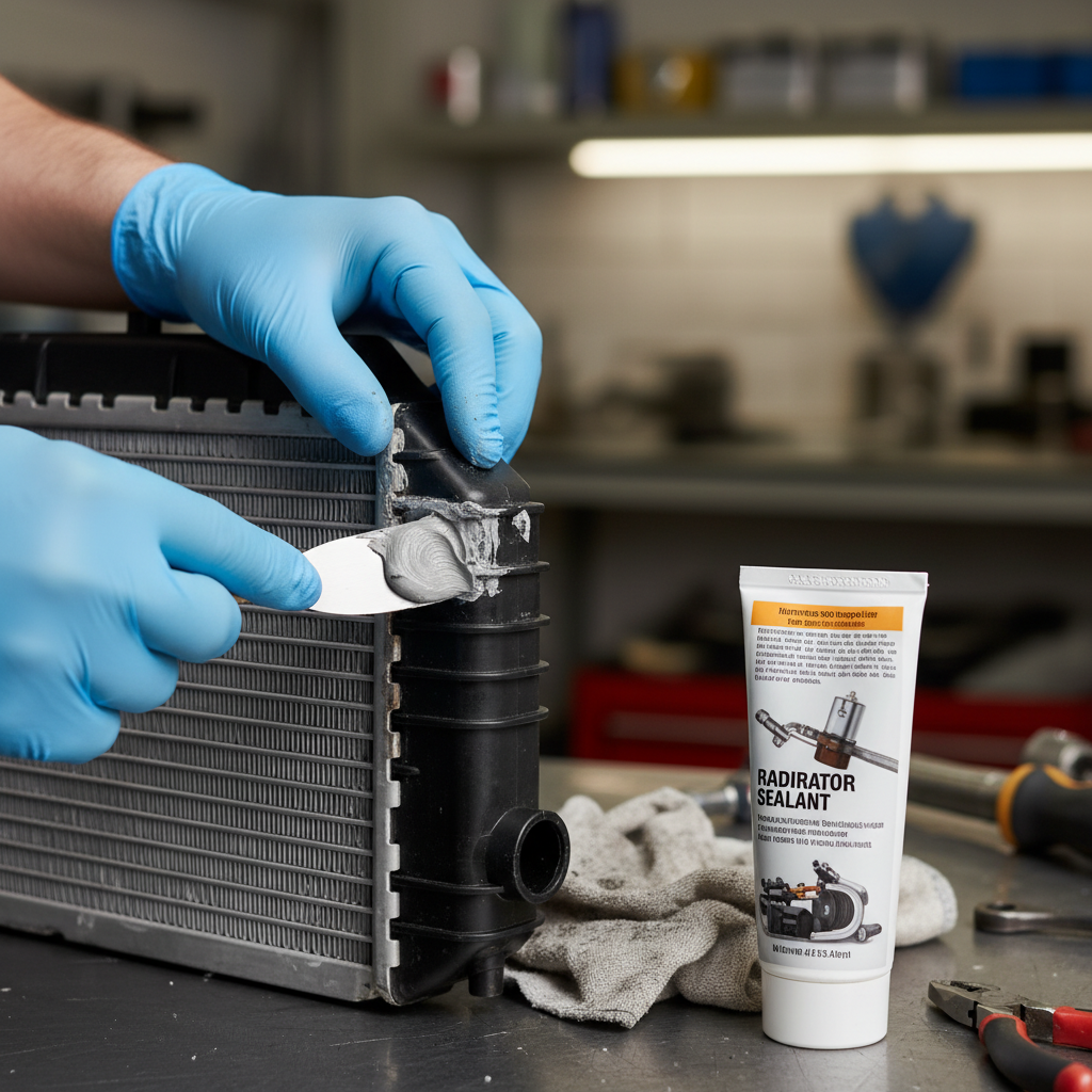 Technician sealing radiator with repair compound