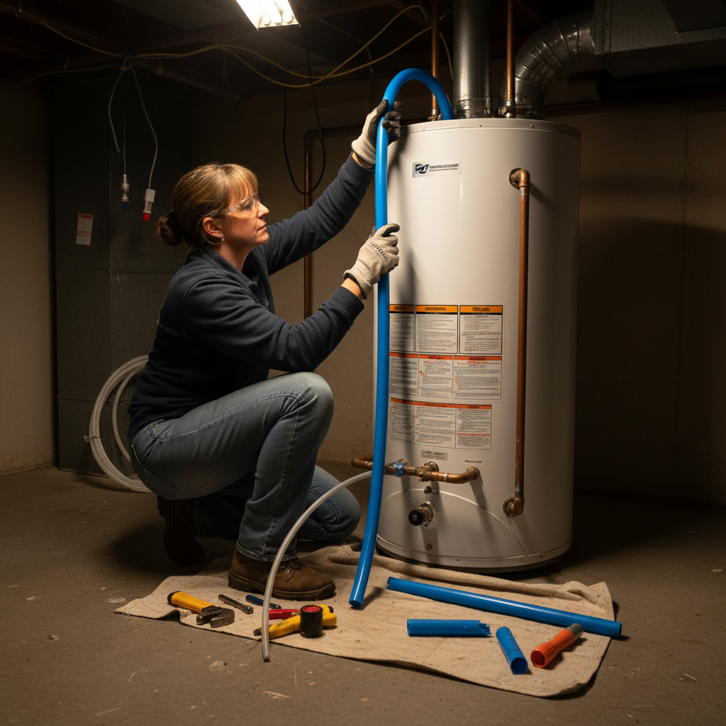 Technician replacing dip tube in water heater