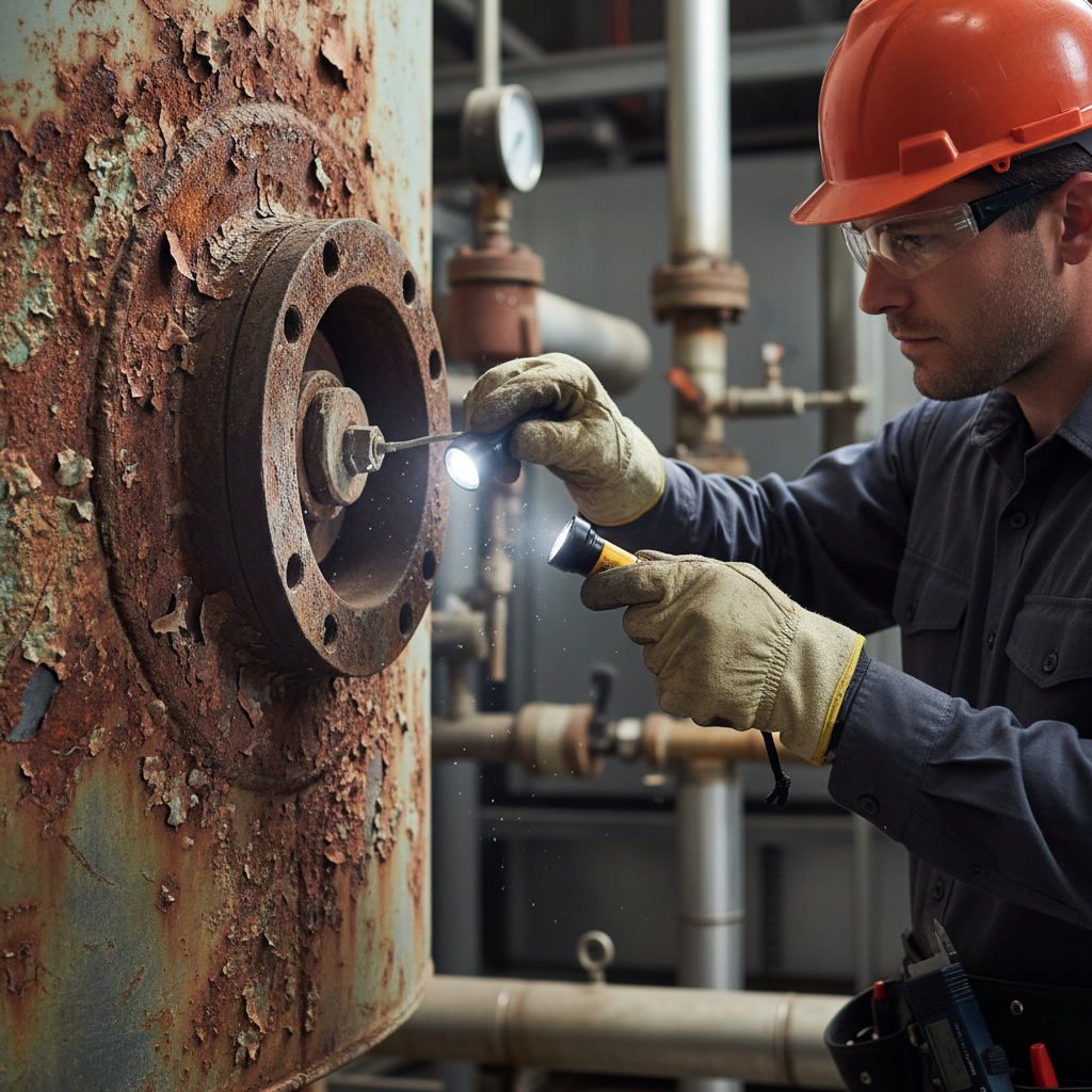 Worker checking corrosion on heating element port