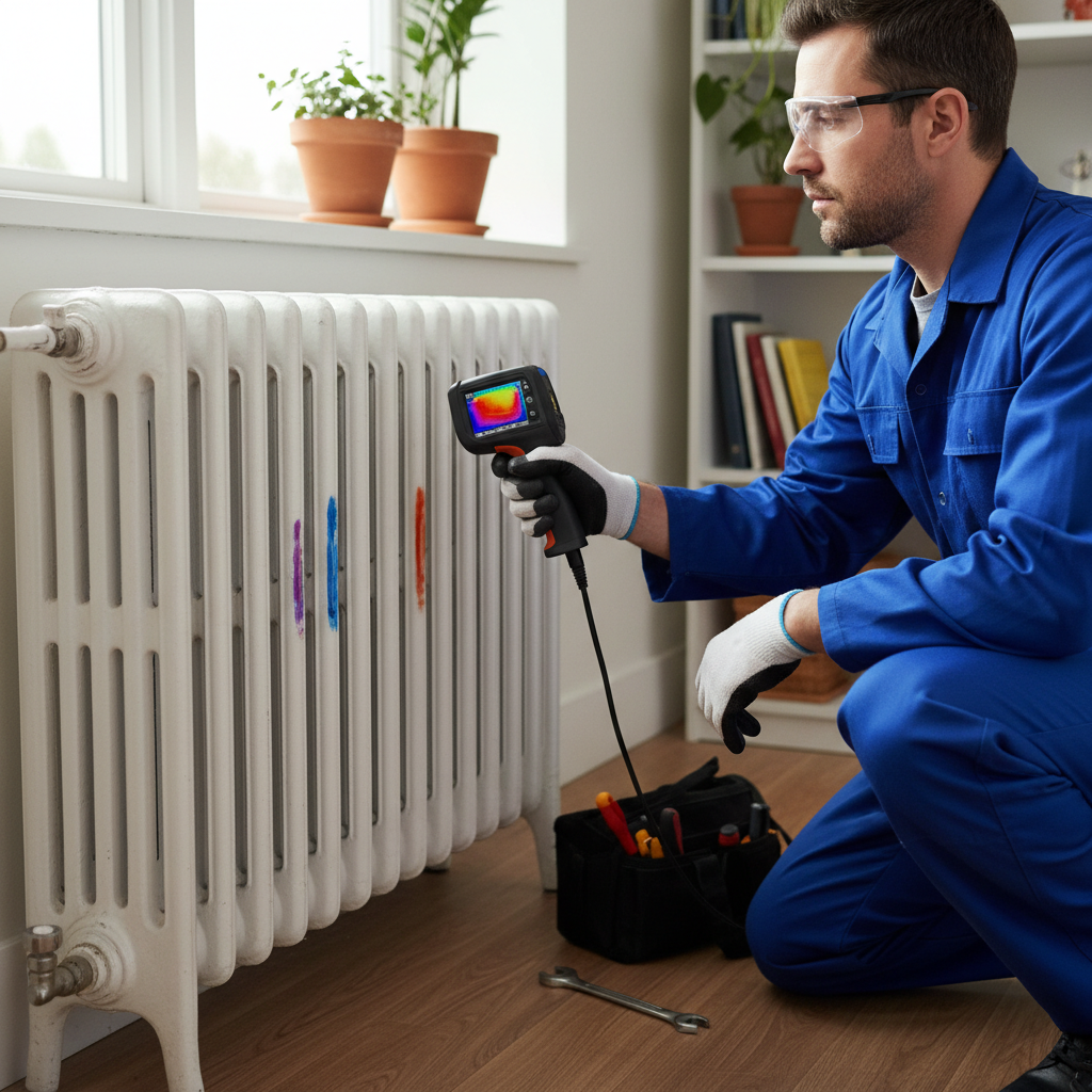 Worker checking radiator cold spots