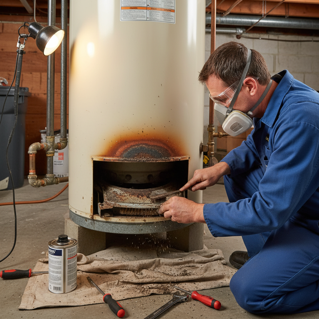 Worker cleaning gas water heater burner tray