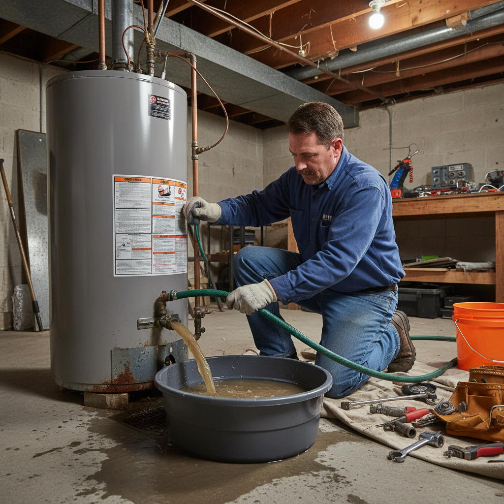 Plumber draining water heater for emergency repair