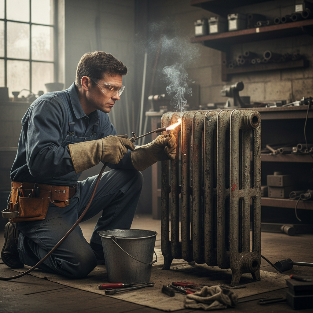 Worker fixing a radiator leak