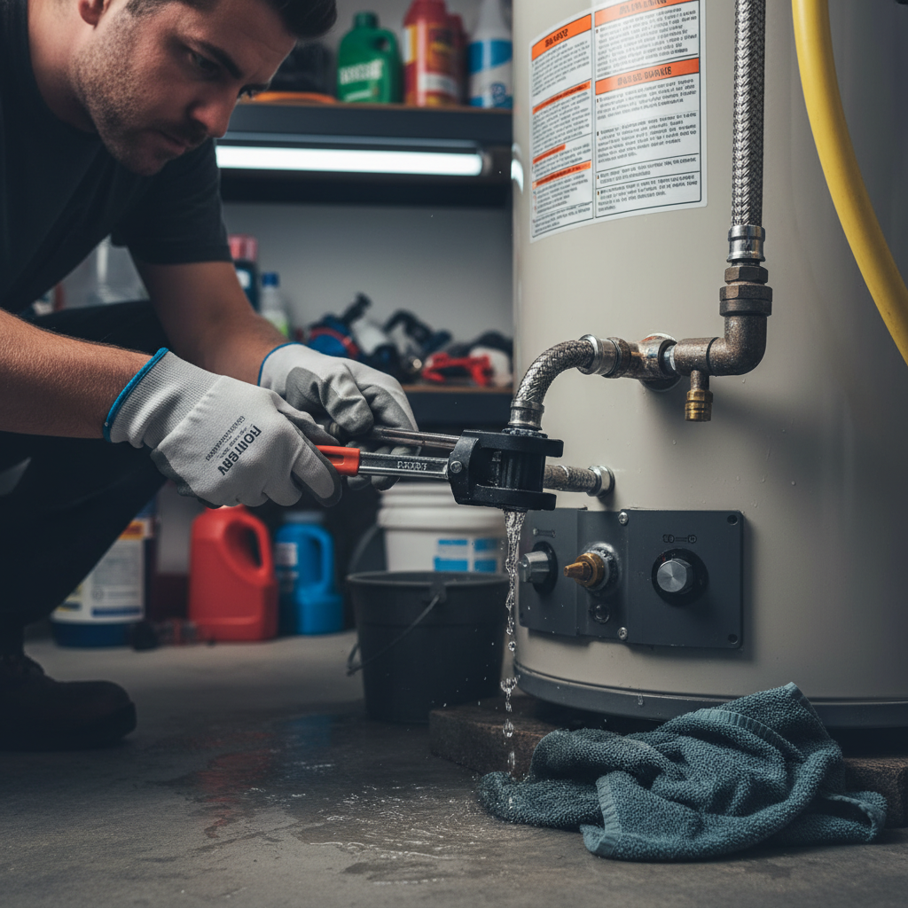 Worker fixing a water heater pipe leak