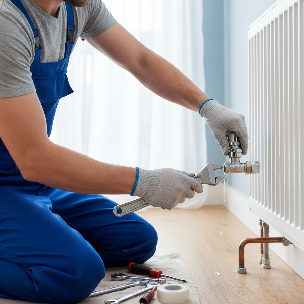 Worker installing a thermostatic radiator valve