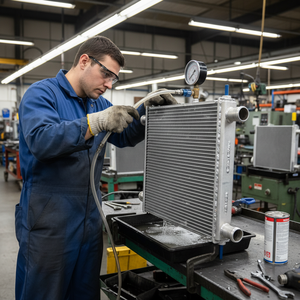 Worker pressure testing a repaired radiator