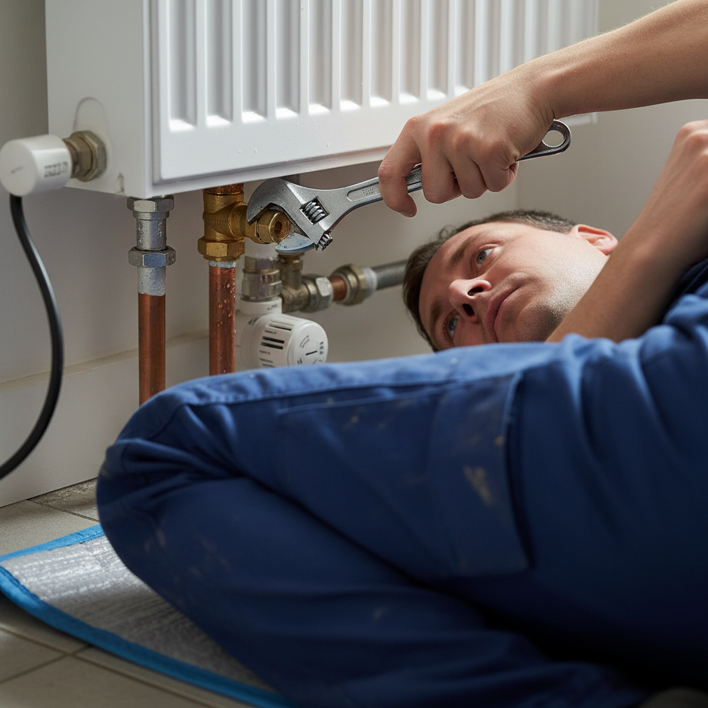 Plumber performing power flushing on a heating system